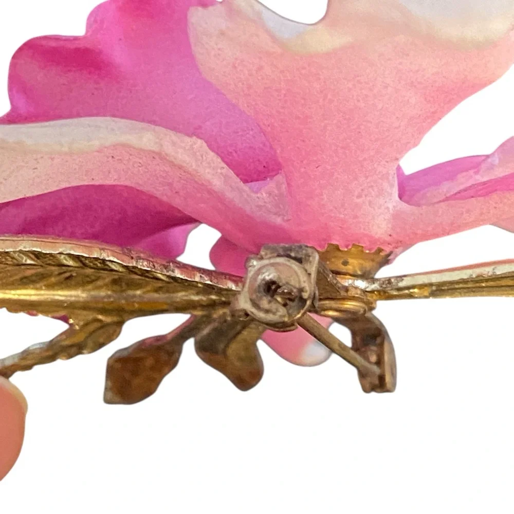 Vintage Pink Orchid Brooch Pin Gold Tone Floral Statement Botanical